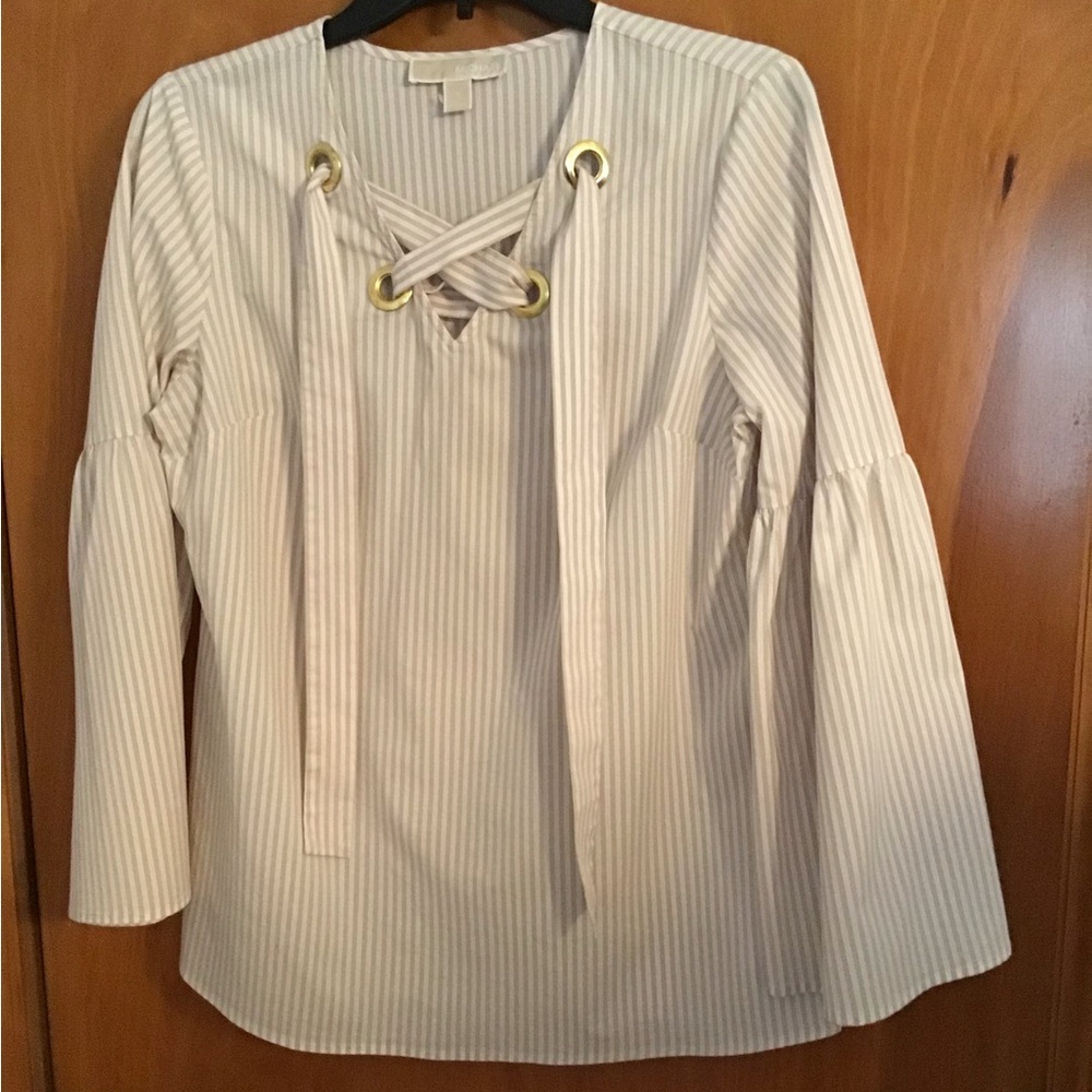 Striped Cream Lace-Up Women's Top w/ ballon sleeves.